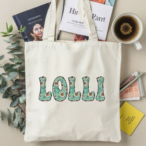 LOLLI Tote Bag, Grandma Canvas Tote, Groovy Lolli Tote, Mothers Day Gift, Pregnancy Reveal Announcement, Retro Vintage, Mother in Law Tote