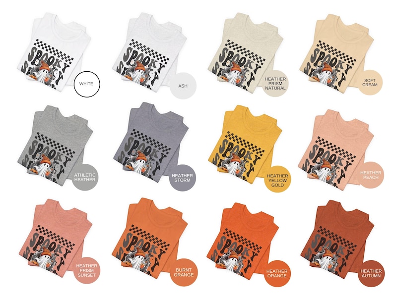 May include: A collection of ten t-shirts featuring a spooky ghost graphic with the text "Spooky Scary" in black and white checkered pattern. The shirts are available in a variety of colors, including white, ash, heather storm, heather yellow gold, heather peach, heather prism natural, burnt orange, heather orange, heather sunset, and heather autumn.