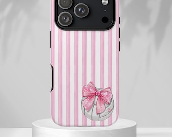 Volleyball Phone Case, Coquette Bow, Pink Striped, Tough Phone Cover, iPhone, Samsung Galaxy, Pixel