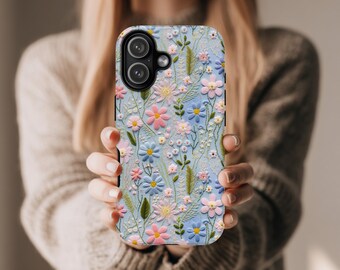 Embroidered Effect Phone Case, Wildflowers Tough Cover, Floral iPhone 17 16 15 14 13 12 11, Google Pixel, Samsung