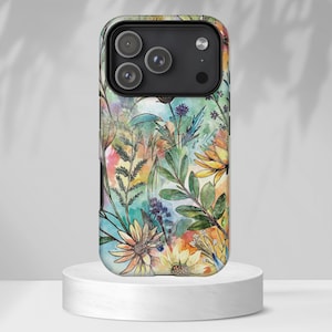 May include: A floral phone case featuring a watercolor design with yellow, orange, and purple flowers, green leaves, and a light blue background. The case has a black camera module.
