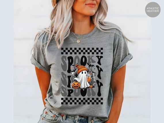 Halloween Shirt, Spooky Season Tshirt, Checkered Halloween Tee, Cute Ghost Shirt, Pumpkin Outfit, Retro Fall Crewneck, Cozy Autumn T-Shirt