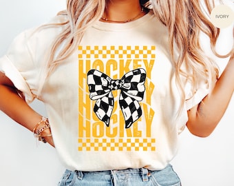 HOCKEY Bow Shirt, Comfort Colors, Gold Fan Game Day Tee,  Hockey Mom, Team Player T-Shirt