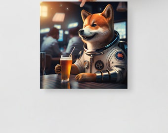 柴犬のポスター - 宇宙服を着てビールを飲む柴犬 - 鮮やかなポスター