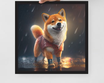 雨の中ブーツを履いた柴犬 - 額入りポスター