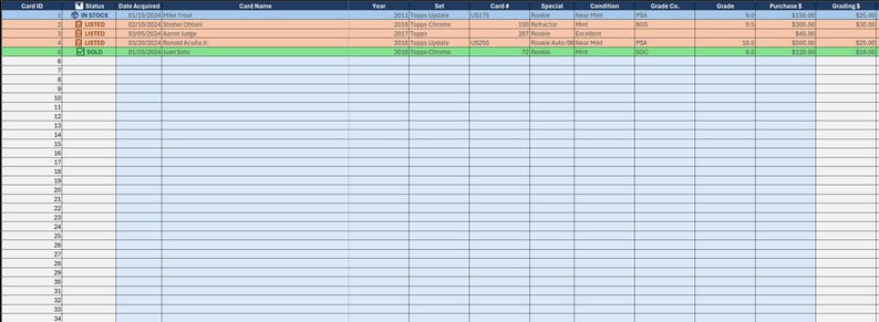 Trading Card Inventory Tracker Spreadsheet | Excel Template | Sports ...