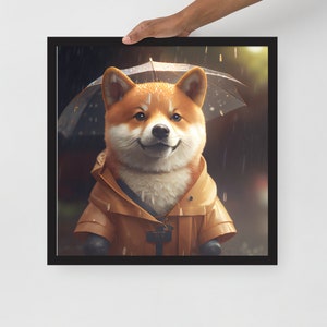 Shiba Inu in the Rain with an Umbrella and Raincoat - Framed poster