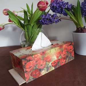 Soporte de caja de tejido de madera rectangular de amapola, cubierta de servilleta de madera florida decoración del hogar, regalo para mamá esposa abuela ella, decoración de caja de amapola roja