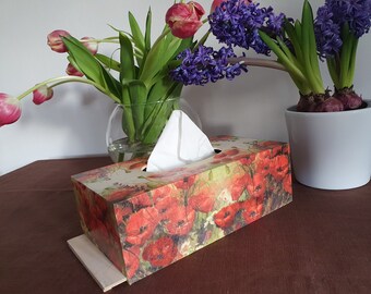 Poppy rectangular wooden tissue box holder, flowery wooden napkin cover home decor, gift for mom wife grandma her,red poppy box decor