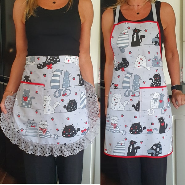 Full half apron with pocket and ruffles for woman cat lovers gift farmhouse pinafore home decor apron dress for her cat gifts cat printed