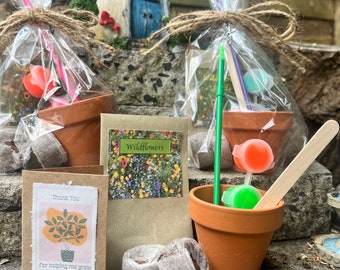 Kids planting & craft set, personalised gift,  paint your own plant pot, grow your own wildflowers, seed planting kit, party favour