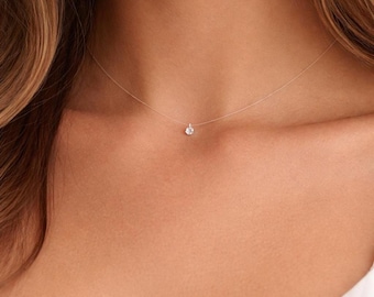 Collar diminuto de puntos de cristal de 4 mm, gargantilla de cristal CZ con ilusión flotante, cristal minimalista en cordón invisible para mujeres, niñas, novias y damas de honor.