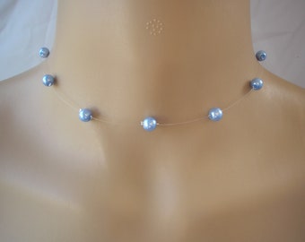 Light Blue Floating Pearl Necklace, Dainty Cornflower Blue Choker for Women Ladies Brides Bridesmaid Gift Wedding Party Prom, Pearl Floating