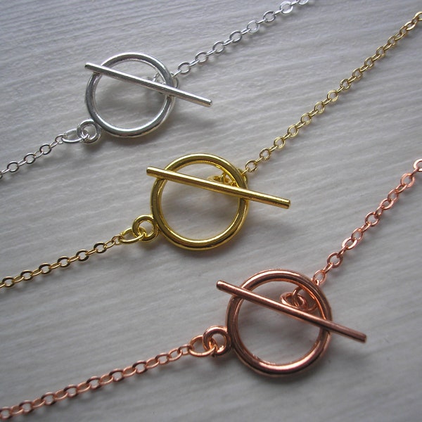 Layering Necklace for Women, Front Fastening T-Bar Toggle Clasp on Fine Silver Gold or Rose Gold plated chain