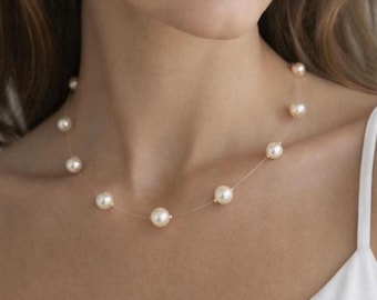 Floating Effect Pearl Necklace, Pearls on Transparent Cord