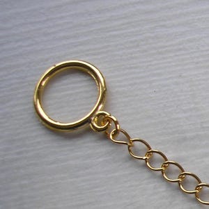 Könnte beinhalten: Eine goldfarbene Kette mit einem runden Sprungring am Ende. Die Kette besteht aus kleinen, miteinander verbundenen Kreisen.