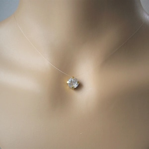 Dainty Single Crystal Necklace, Floating Illusion Effect Imitation Diamond on Transparent Cord