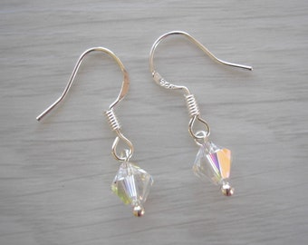 Simple Clear AB Crystal Drop Dangle Earrings on 925 Silver Hooks, Pair of Earrings Handmade with Top Quality Imitation Diamonds