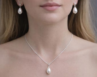 Necklace & Earrings, Simple Pearl Bridal Set, Necklace and Stud Drop Dangle Earrings Jewellery Set for Women Brides Bridesmaid Gift Weddings