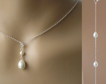 Dainty Backdrop Necklace for Wedding Dress, Teardrop Pearl Back Drop for Women Brides Bridesmaids, Back Chain for Low or Backless Prom Gown