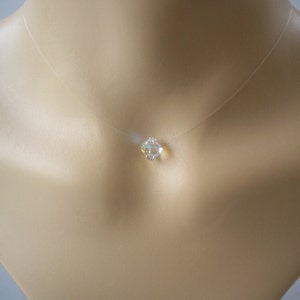 Single Crystal Necklace, Transparent Invisible Choker with a Floating Illusion Swarovski AB Bicone Crystal, Dainty Minimalist Wedding