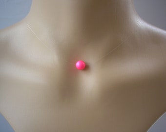 Single Neon Pink Pearl Necklace, Simple Floating Illusion Neon Pink Pearl, Minimalist Necklace for Women Party Rave, Bright Pink, Hot Pink