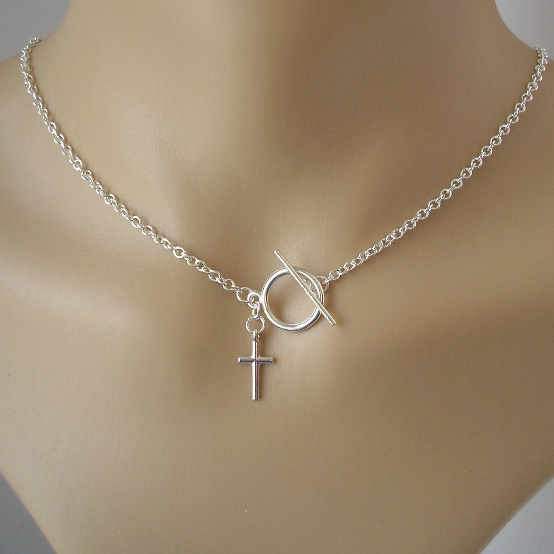 Toggle Clasp Necklace With a Little Cross, Front Fastening T