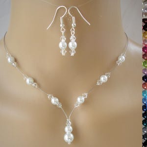 Dainty Pearl Drop Necklace and Earrings Set, Pearl Nnecklace on Silver Jewellery Wire with Matching Drop Dangle Earrings