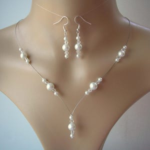 Dainty Pearl Drop Necklace on Silver Wire with Matching Long Drop Dangle Earrings, Handmade in any colour
