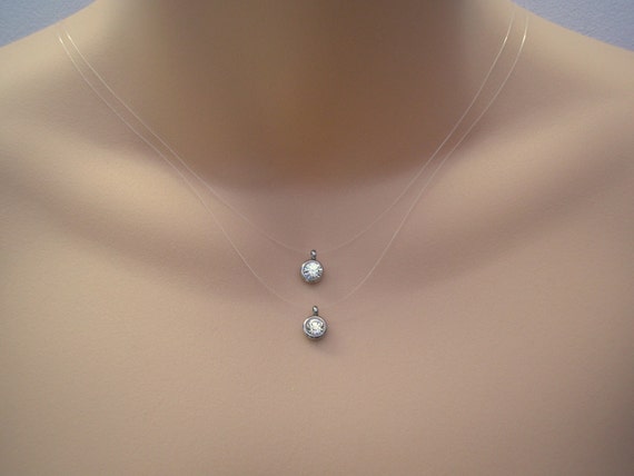 Dainty Multi Layer Bezel Crystal Necklace in Silver or Gold, Double Layered Floating  Crystal Dots Necklace for Her Wedding Prom Party Gift 