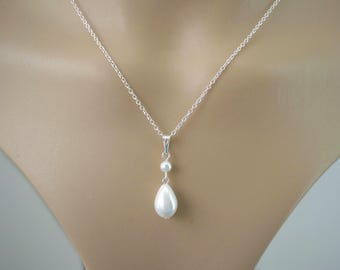 Classic Teardrop Pearl Drop Pendant Necklace on Fine Silver Gold or Rose Gold plated Chain for Women