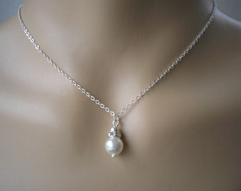 Dainty Pearl Drop Necklace with Crystal Diamante on silver, gold or rose gold plated cable chain, Brides Bridesmaids Flower Girls Jewelry