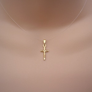 Dainty Crucifix Necklace, Floating Effect Jesus on the Cross Necklace in Silver or Gold, Crucifix Charm on Translucent Illusion Cord
