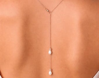Pearl Backdrop Necklace on fine Silver Gold or Rose Gold Chain, Bridal Back Jewelry