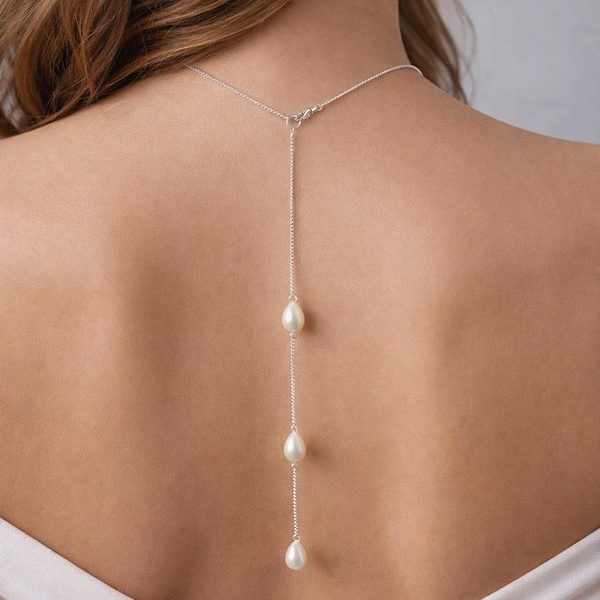 Zierliche Teardrop Perlen-Hintergrund-Halskette für Frauen Bräute Brautjungfer-Geschenk-Hochzeit, Perlen-Rücken-Halskette, Brauthintergrund
