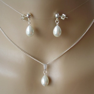 Necklace Earrings Set, Dainty Ivory Cream Teardrop Pearl Necklace and Stud Drop Dangle Earrings Jewellery Set for Women Brides Weddings Prom