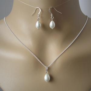Dainty Teardrop Pearl Necklace and Drop Dangle Earrings Jewellery Set with a silver or gold finish