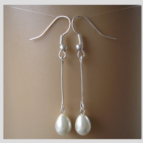 Simple Long Drop Dangle Teardrop Pearl Earrings For Women Brides Bridesmaids