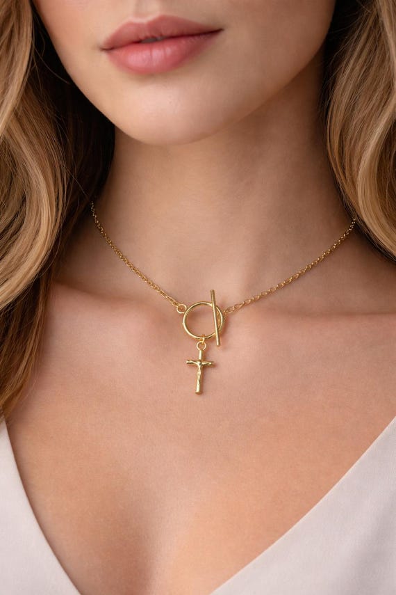 Toggle Clasp Necklace With a Crucifix, Cross Front Fastening T-bar