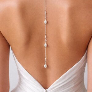 Wedding Back Jewellery, Teardrop Pearl & Crystal Clip On Backdrop Attachment for a Necklace