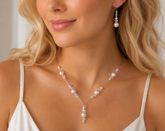 Pink Pearl Necklace and Drop Dangle Earrings Jewellery Set for Brides Bridesmaids Weddings Prom