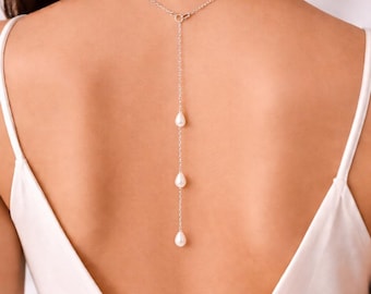Dainty Teardrop Pearl Backdrop Necklace for Women Brides Bridesmaid Gift Wedding, Silver Gold or Rose Gold Back Chain