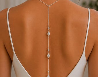 Long Drop Back Necklace, Ivory or White Teardrop Pearl Backdrop Necklace for Brides Low Backed or Backless Dress, Wedding Back Chain
