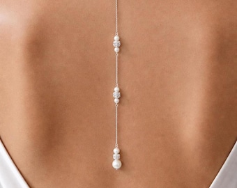 Pearl Bridal Backdrop Necklace, Silver or Gold Wedding Jewelry, Pearl Pendant with a Back Chain
