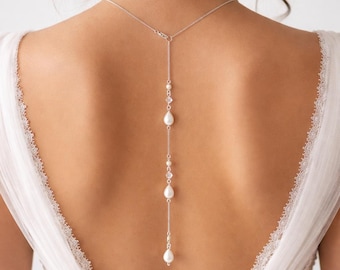 Elegant Long Drop Back Necklace for an Open Low Back or Backless Wedding Dress, Pearl and Crystal Backdrop Necklace for Brides Bridesmaids