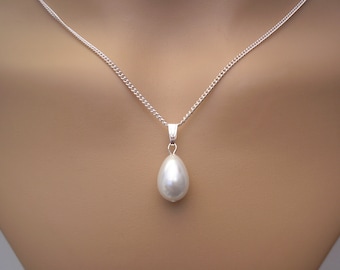 Simply Elegant Teardrop Pearl Necklace on Silver or Gold plated chain, Handmade Tear Drop Pearl Pendant Necklace for Women Brides Bridesmaid