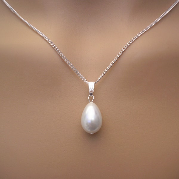 Simply Elegant Teardrop Pearl Necklace on Silver or Gold plated chain, Handmade Tear Drop Pearl Pendant Necklace for Women Brides Bridesmaid