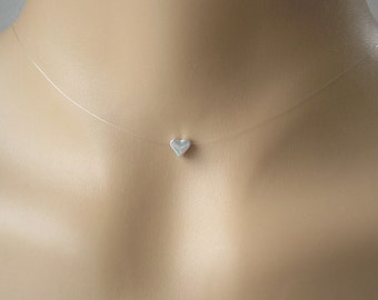 Petit collier coeur flottant, tour de cou coeur flottant simple illusion, collier minimaliste pour femme, choix or argent ou or rose