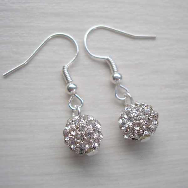 Silver Pave Crystal Diamante Disco Ball Earrings, Crystal Balls on 925 sterling silver hooks or silver plated hooks studs or clip-ons