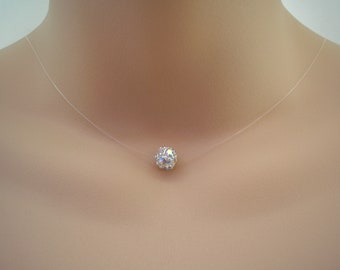 Single Pave Crystal Diamante Ball Necklace in Silver AB Silver Rose Gold or Gold, Invisible Illusion Minimalist Necklace